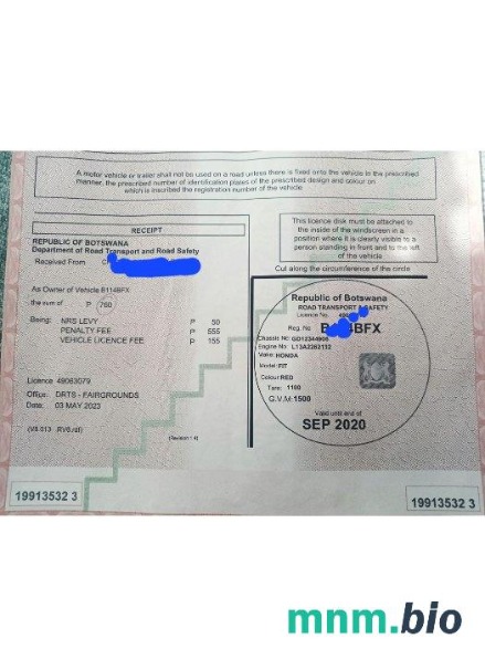 Botswana szablon dowodu rejestracyjnego pojazdu w PSD